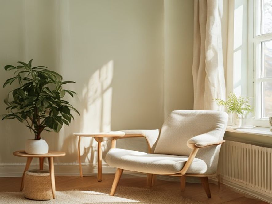 Henkilö venyttelee hartioita ja niskaa pöydän ääressä, hyvällä asennolla
